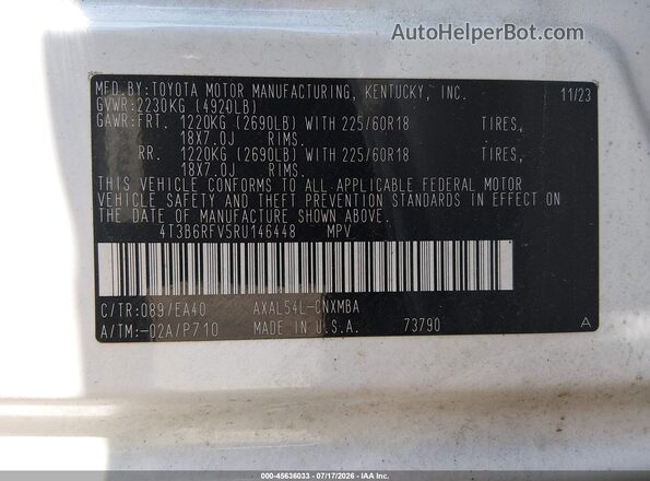 4T3B6RFV5RU146448 2024 TOYOTA RAV4 HYBRID White Vista del compartimento del motor