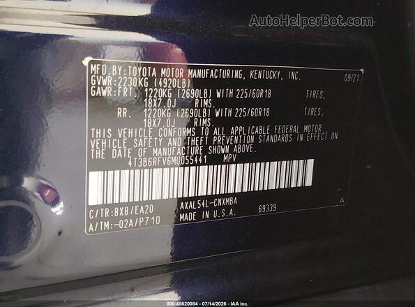 4T3B6RFV6MU055441 2021 TOYOTA RAV4 HYBRID Черный Вид подкапотного пространства