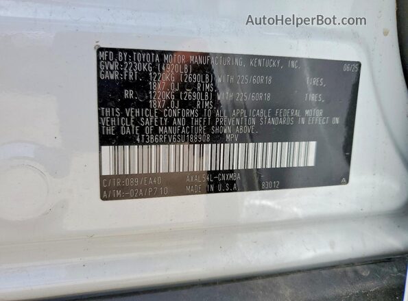 4T3B6RFV6SU188908 2025 TOYOTA RAV4 White VIN կոդի պիտակի տեսք