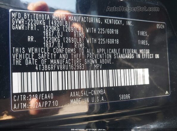 4T3B6RFV8RU162983 2024 TOYOTA RAV4 HYBRID Black Շարժիչի բաժամունքի տեսք