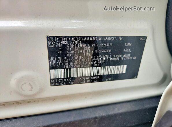 4T3B6RFV9NU089519 2022 TOYOTA RAV4 White Widok naklejki z numerem VIN