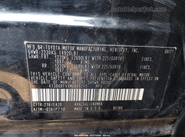 4T3B6RFVXMU049240 2021 TOYOTA RAV4 HYBRID Gray Вид підкапотного простору