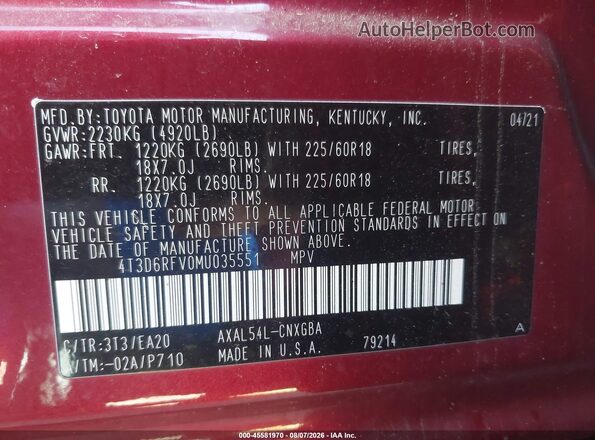4T3D6RFV0MU035551 2021 TOYOTA RAV4 HYBRID Red Вид підкапотного простору