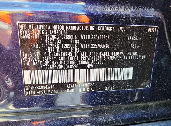 4T3D6RFV0MU048526 2021 TOYOTA RAV4 Синий Панорамный вид салона 360°