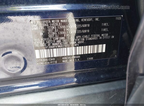 4T3D6RFV1MU021013 2021 TOYOTA RAV4 HYBRID Blue Շարժիչի բաժամունքի տեսք