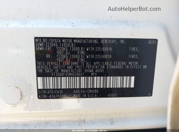 4T3D6RFV5MU038641 2021 TOYOTA RAV4 HYBRID White Շարժիչի բաժամունքի տեսք