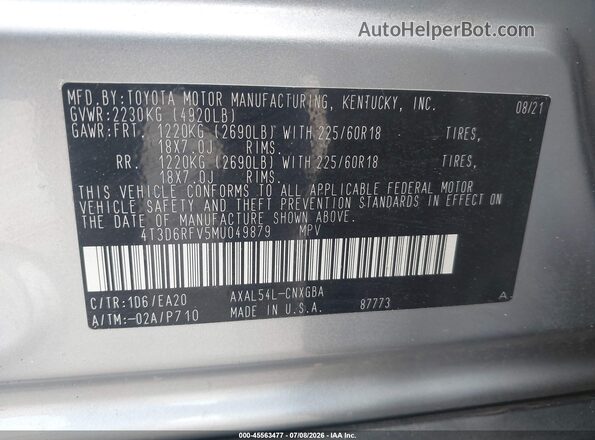 4T3D6RFV5MU049879 2021 TOYOTA RAV4 HYBRID Silver Engine compartment view