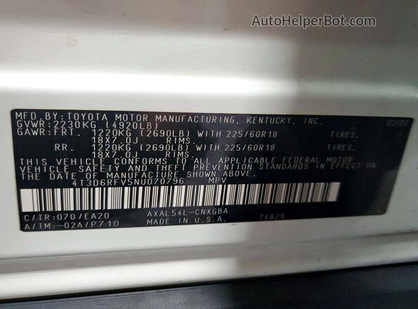 4T3D6RFV5NU070796 2022 TOYOTA RAV4 White Widok naklejki z numerem VIN
