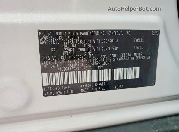 4T3D6RFVXPU137847 2023 TOYOTA RAV4 White Widok naklejki z numerem VIN