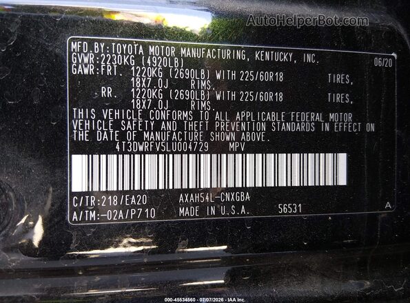 4T3DWRFV5LU004729 2020 TOYOTA RAV4 HYBRID Black Շարժիչի բաժամունքի տեսք