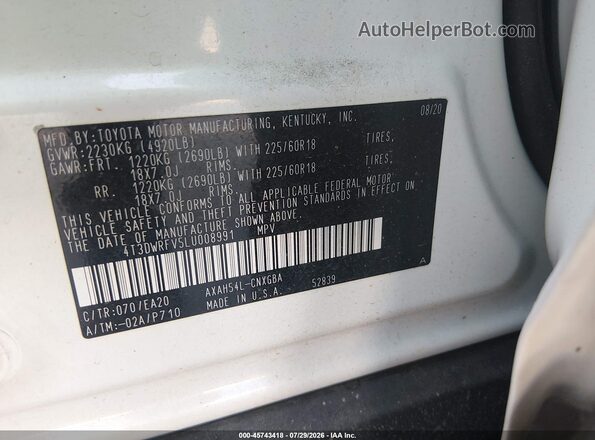 4T3DWRFV5LU008991 2020 TOYOTA RAV4 HYBRID Белый Вид подкапотного пространства