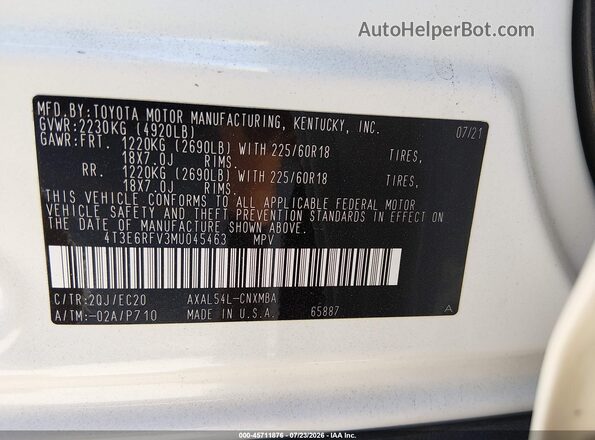 4T3E6RFV3MU045463 2021 TOYOTA RAV4 HYBRID White Engine compartment view