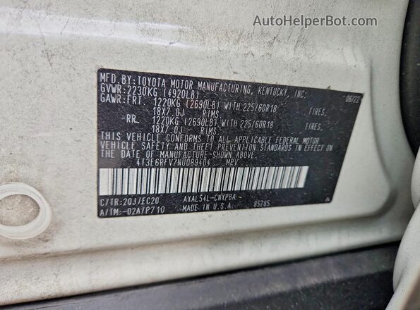 4T3E6RFV7NU089404 2022 TOYOTA RAV4 White Widok komory silnika