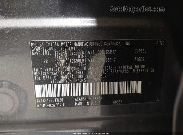 4T3LWRFV0MU041345 2021 TOYOTA RAV4 HYBRID Gray Շարժիչի բաժամունքի տեսք