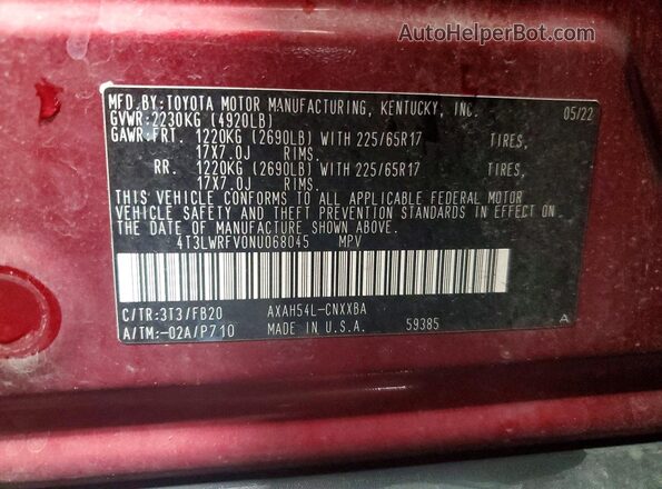 4T3LWRFV0NU068045 2022 TOYOTA RAV4 Red Вид підкапотного простору
