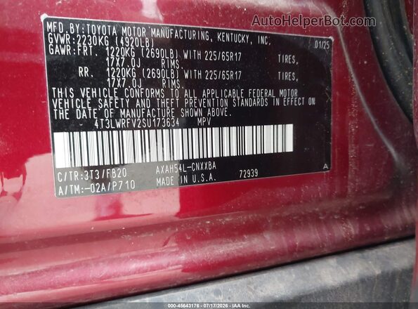 4T3LWRFV2SU173634 2025 TOYOTA RAV4 HYBRID Red Շարժիչի բաժամունքի տեսք