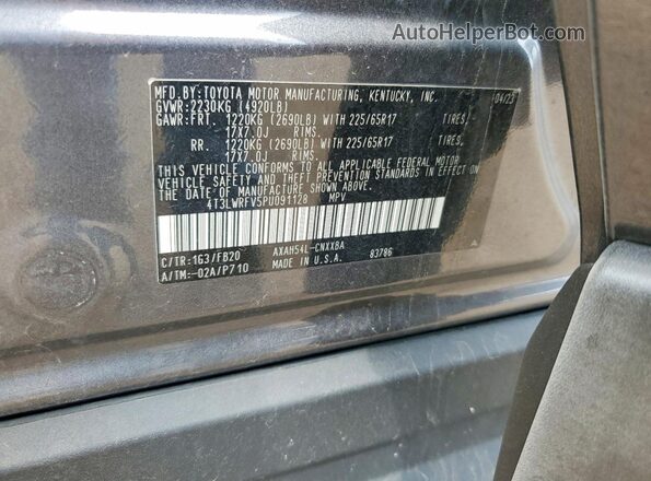 4T3LWRFV5PU091128 2023 TOYOTA RAV4 Gray VIN კოდის სტიკერის ხედი