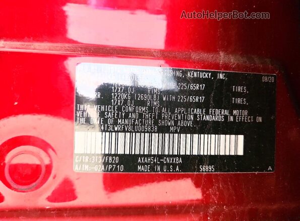 4T3LWRFV8LU009838 2020 TOYOTA RAV4 Red VIN կոդի պիտակի տեսք