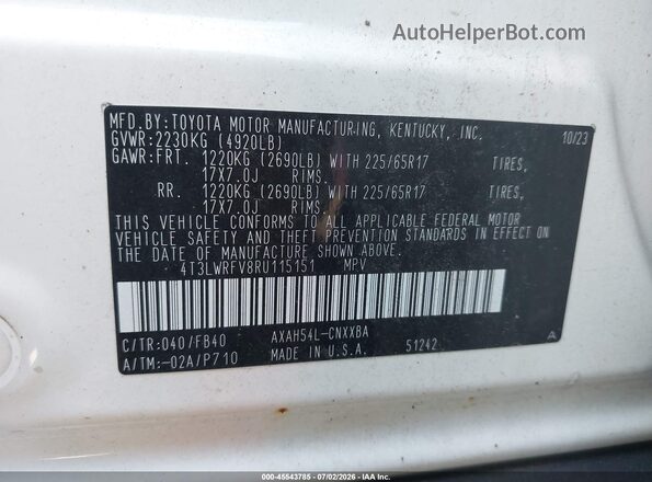 4T3LWRFV8RU115151 2024 TOYOTA RAV4 HYBRID White Շարժիչի բաժամունքի տեսք