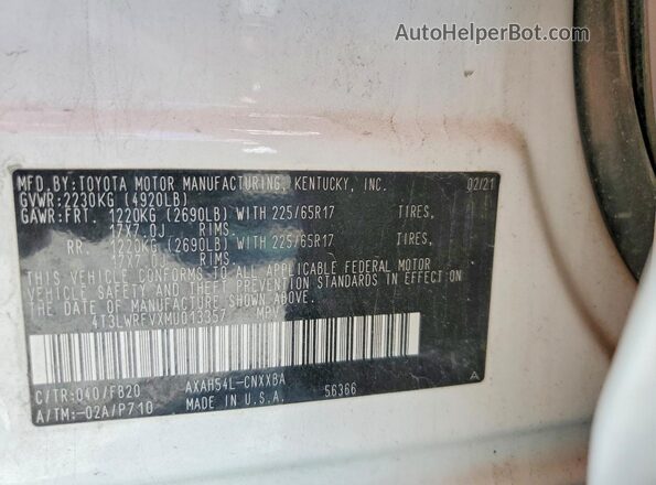 4T3LWRFVXMU013357 2021 TOYOTA RAV4 Белый Панорамный вид салона 360°