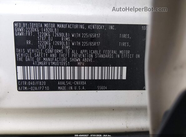 4T3M6RFV1MU010951 2021 TOYOTA RAV4 HYBRID White Widok komory silnika