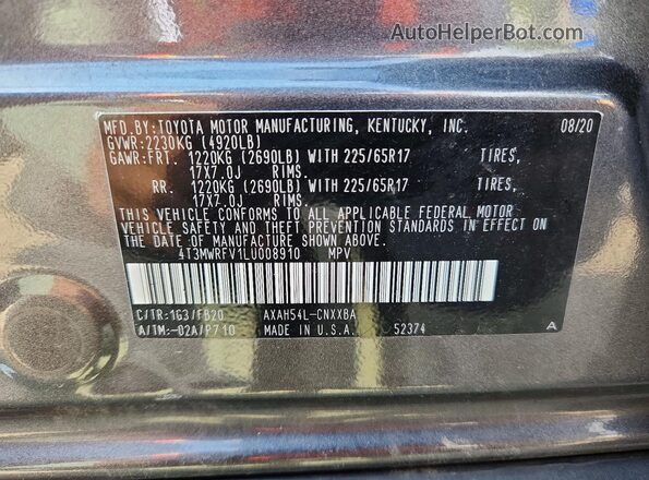 4T3MWRFV1LU008910 2020 TOYOTA RAV4 Gray Вид наклейки з VIN-кодом
