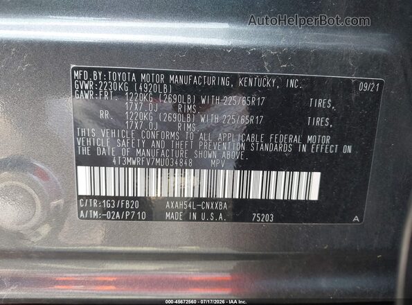 4T3MWRFV7MU034848 2021 TOYOTA RAV4 HYBRID Gray Շարժիչի բաժամունքի տեսք