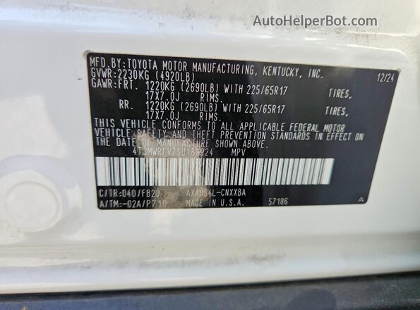 4T3MWRFV7SU169924 2025 TOYOTA RAV4 White VIN კოდის სტიკერის ხედი