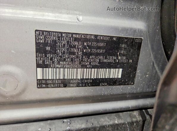 4T3MWRFV8NU059839 2022 TOYOTA RAV4 Silver Widok naklejki z numerem VIN