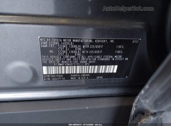 4T3MWRFV9NU073135 2022 TOYOTA RAV4 HYBRID Gray Вид підкапотного простору
