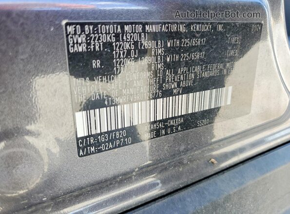 4T3MWRFV9RU126776 2024 TOYOTA RAV4 Gray VIN կոդի պիտակի տեսք