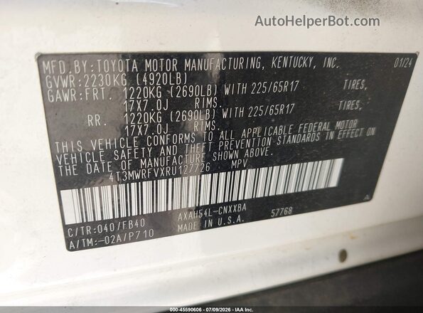 4T3MWRFVXRU127726 2024 TOYOTA RAV4 HYBRID White Vista del compartimento del motor