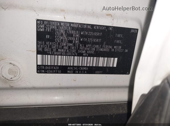 4T3R6RFV0LU003476 2020 TOYOTA RAV4 HYBRID White Շարժիչի բաժամունքի տեսք