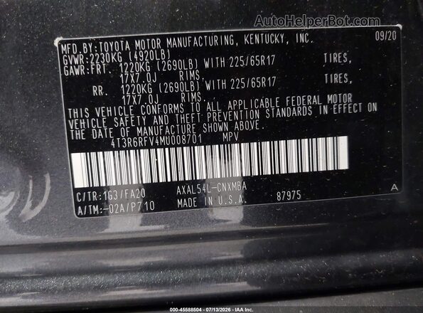 4T3R6RFV4MU008701 2021 TOYOTA RAV4 HYBRID Gray ძრავის განყოფილების ხედი