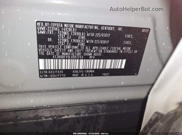4T3R6RFV9LU003749 2020 TOYOTA RAV4 HYBRID Gray Widok komory silnika