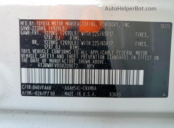 4T3RWRFV0SU209072 2025 TOYOTA RAV4 White VIN sticker view
