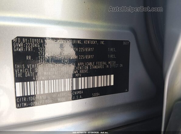 4T3RWRFV1MU023320 2021 TOYOTA RAV4 HYBRID Gray Engine compartment view