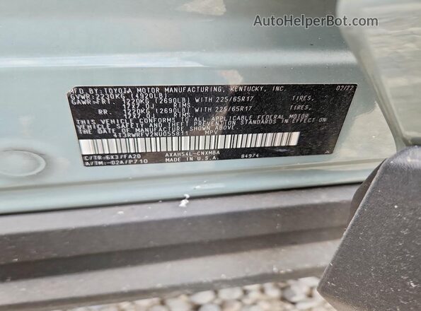 4T3RWRFV2NU055811 2022 TOYOTA RAV4 Gray Вид наклейки з VIN-кодом