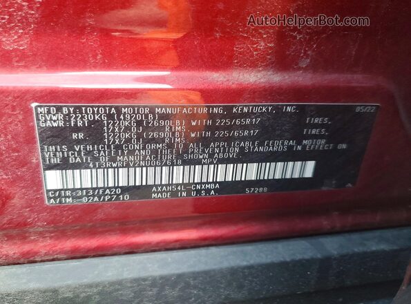 4T3RWRFV2NU067618 2022 TOYOTA RAV4 Бордовый Вид наклейки с VIN-кодом
