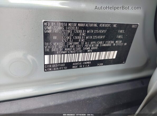 4T3RWRFV2NU075783 2022 TOYOTA RAV4 HYBRID Gray Շարժիչի բաժամունքի տեսք