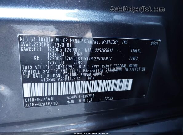 4T3RWRFV2RU142713 2024 TOYOTA RAV4 HYBRID Gray Vista del compartimento del motor