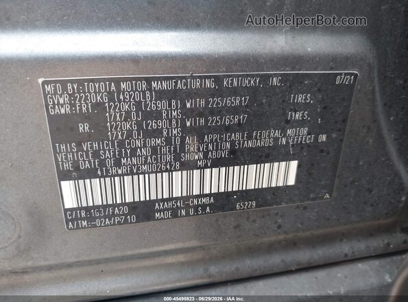 4T3RWRFV3MU026428 2021 TOYOTA RAV4 HYBRID Gray Вид підкапотного простору