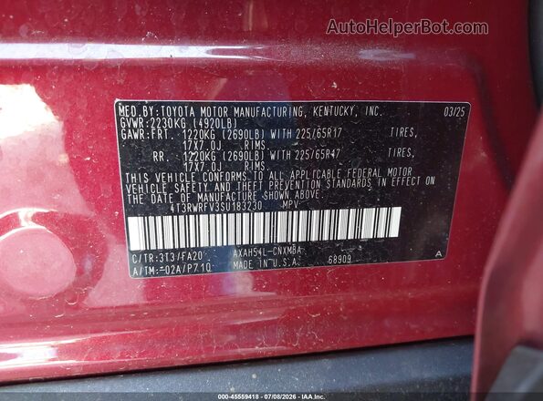 4T3RWRFV3SU183230 2025 TOYOTA RAV4 HYBRID Красный Вид подкапотного пространства