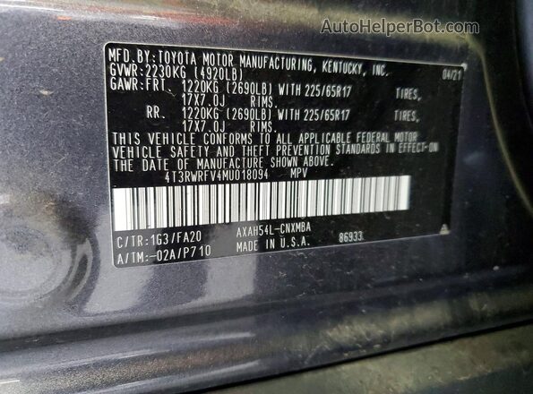 4T3RWRFV4MU018094 2021 TOYOTA RAV4 Gray Вид наклейки з VIN-кодом