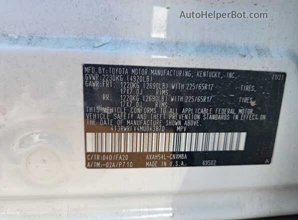4T3RWRFV4MU043870 2021 TOYOTA RAV4 White Вид наклейки з VIN-кодом