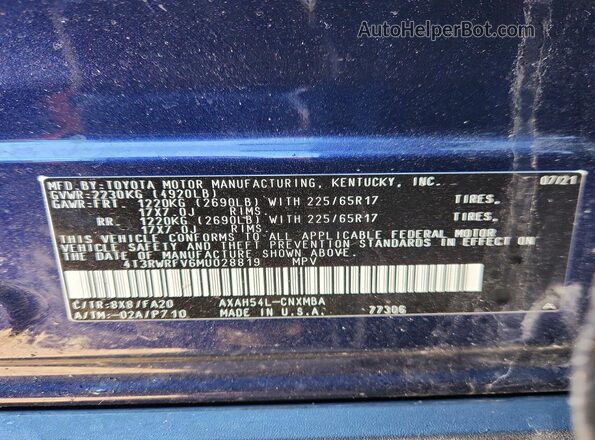 4T3RWRFV6MU028819 2021 TOYOTA RAV4 Blue VIN կոդի պիտակի տեսք