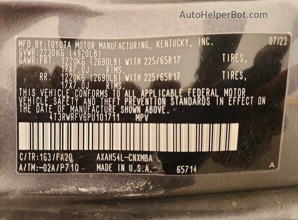 4T3RWRFV6PU101711 2023 TOYOTA RAV4 Gray Вид наклейки з VIN-кодом