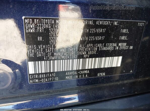4T3RWRFV7MU043393 2021 TOYOTA RAV4 HYBRID Navy Вид подкапотного пространства