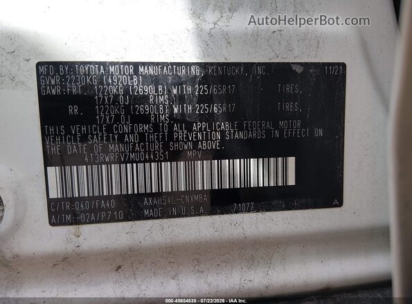 4T3RWRFV7MU044351 2021 TOYOTA RAV4 HYBRID Белый Вид подкапотного пространства