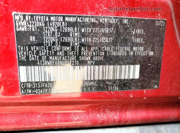 4T3RWRFV8NU057210 2022 TOYOTA RAV4 Burgundy Панорамний вид салону 360°